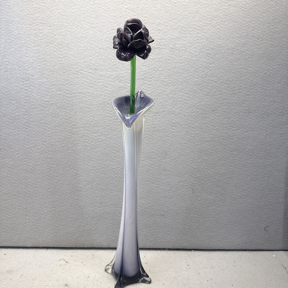 21" Hand Blown Art Glass Calla Lily Vase & Purple Long Stem Rose Flower Set